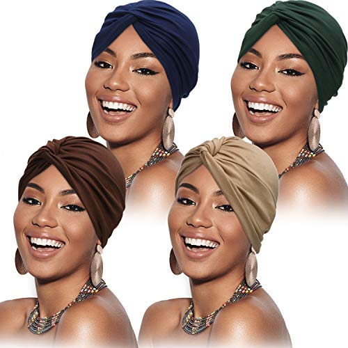 SATINIOR 4 Stücke Turbane für Frauen Soft Vorgebunden Knot Mode Plissee Turban Hut Mütze Kopfwickel Schlafmütze, 4 Farben (Khaki, Kaffee, Marineblau, Grün)