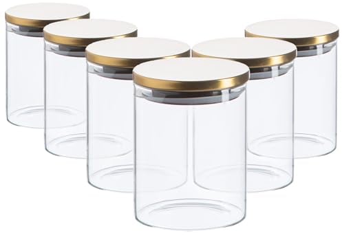 Argon Tableware Scandi Storage Jars with Metallic Gold Lids - 750ml - 6 Pack - Modern Round Organisation Container Glass Jar for Kitchens, Pantry, Bathrooms, Utility Rooms
