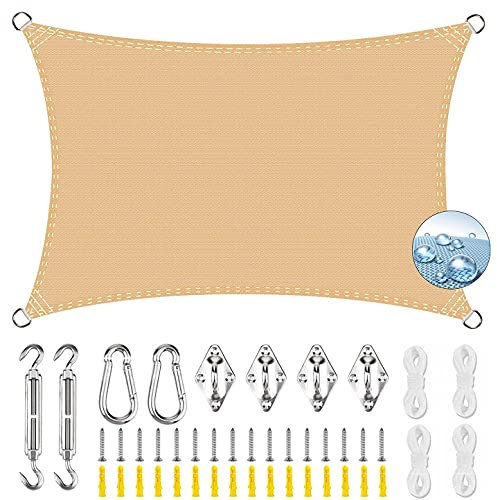 ERPENG Rechteck Sonnensegel Baldachin 6.5x7m 95% UV Schutz wetterfest Balkonverkleidung mit Seilen und Befestigungs Kit für Outdoor Garten Terrasse, Beige