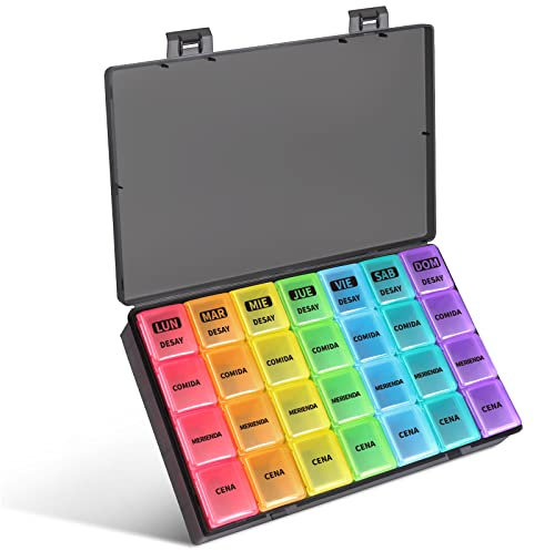 Pastillero Semanal 4 tomas Español, Opret Pastillero Diario con 28 Compartimentos, Organizador Pastillas y Dispensador Comprimidos para Viaje