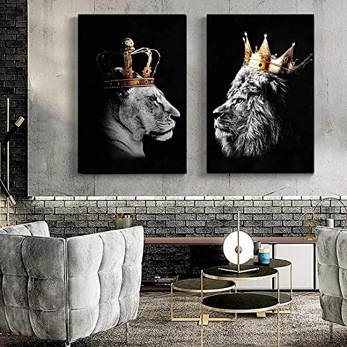 WTEVMAIY Roi Lion Et Tête De Reine Avec Des Affiches De La Couronne Peinture Sur Toile tableau Et Gravures D'art Mural Tableaux D'animaux Noirs Decoration À La Maison Sans Cadre 50×70cm×2 pcs, Blanc