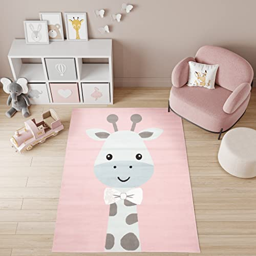 TAPISO Baby Teppich Kinderteppich Kurzflor Rosa Grau Blau Weiß Giraffe Kinderzimmer Modern 140 x 200 cm