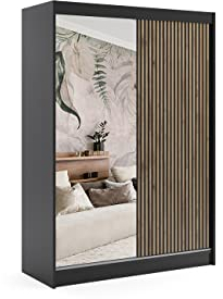 ALTDECOR Kleiderschrank mit Spiegel und Schiebetüren, kugelgelagerte Führungsschienen und Aluminium-Leisten - VILAN - 150 cm Schwarz + Lamelle Eiche Wotan + Spiegel