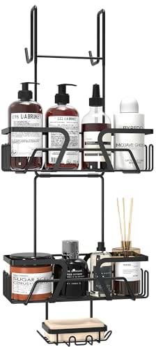 Daoun Shower Caddy Hanging, Shower Shelf No Drilling Shower Organiser Stainless Steel Rustproof with Soap Dish, 2 Tier Shower Storage for Razor Soap and Shampoo, Black