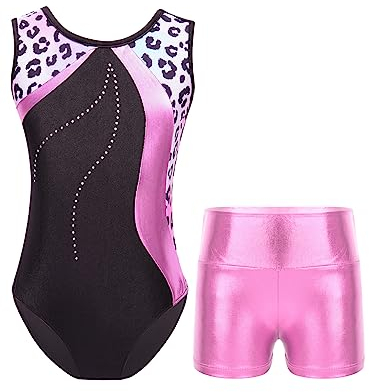 TTAO Gymnastikanzug Kinder Mädchen Ärmellos Turnanzug Trikotanzug Tanz Gymnastik Training Dancewear Gymnastikbody mit Haarband und Shorts Leopard F 146-152