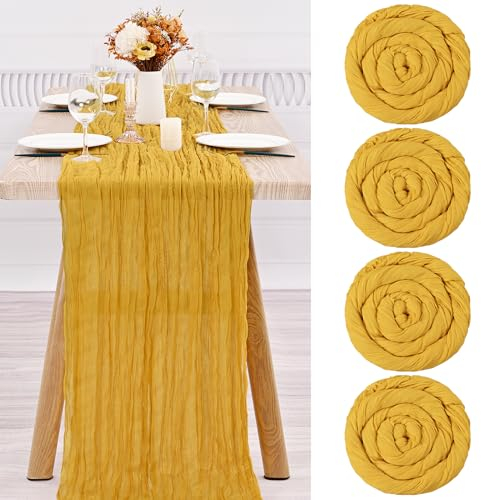 Käsetuch Tischläufer 4 Stück Pack Senfgelb Rohe Baumwolle Tischflagge Transluzent Tischflagge Tüll Tischdecke 10 ft Bohemian Stil Land Dekoration Küche Hochzeit Urlaub Party Zubehör Senfgelb 300cm