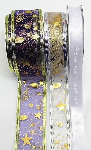 CaPiSo 3x20m Weihnachtsband Satinband Geschenkband Schleifenband Dekoband Advent Weihnachten mit Schrift Frohe Weihnachten