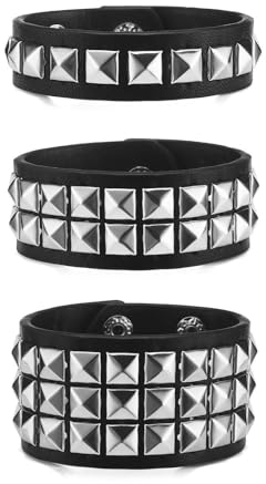 Fenglin-joy Bracelet Punk Orné - 3 Pièces en Cuir Noir Gothique Rock - Brassard Réglable pour Hommes Femmes Cosplay Party