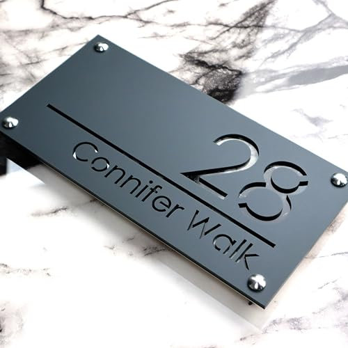 K SMART SIGN | LUXE H1 | House sign door number laser personalised address wall plaques numbers Signs (Matt Gray & Black Marble)