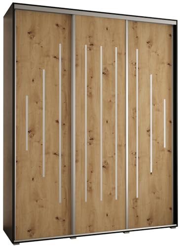 MEBLE KRYSPOL Davos 12 200 Schrank mit DREI Schiebetüren für Schlafzimmer - Moderner Aufbewahrungsschrank mit Kleiderstange und Regalen - 235,2x200x60 cm - Schwarz Artisan Silber