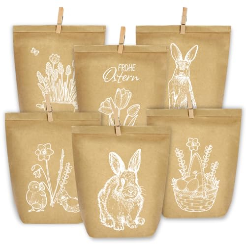 KOHMUI Geschenktüten Ostern, 12 Ostertüten zum Befüllen, Weiß Bedruckte Tüten mit Klammern, Osterhasen Basteln Set für Kinder