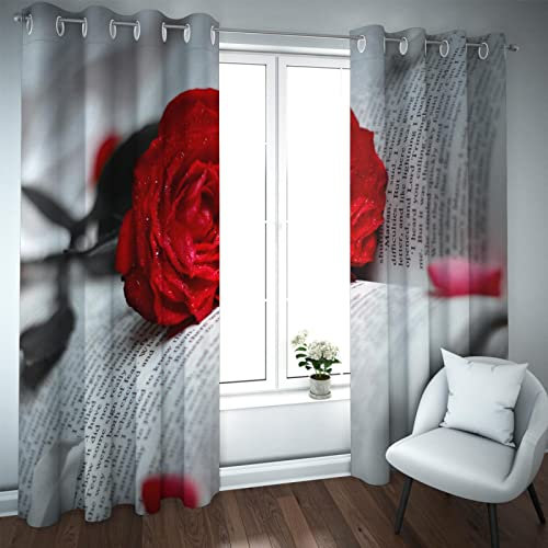HOBBOY Valentinstag Fenstervorhänge Bücher & rote Rosen drucken Verdunkelungsvorhänge für Schlafzimmer Wohnzimmer Graue wärmeisolierte Vorhänge 2 Paneele 2xW160xL245cm