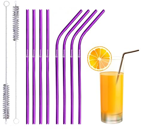 Set of 10 Reusable Metal Straws Drinking, 216mm Eco-Friendly Stainless Steel Drinking Straws for Cocktail, Milkshake, Cold/Hot Drinks (4 Straight + 4 Bent + 2 Cleaners) BPA Free (Purple)