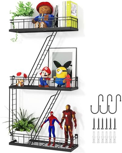 Beskadi Fire Escape Wall Shelf Black, Fire Escape Ladder 3 Story Shelf Wall Storage, New York Inspired Cool Bookshelf Metal Shelves, New York Action Figurine Display Shelf for Bathroom, Living Room.