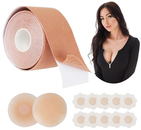 Nastro Adesivo Seno, Set di Nastro Reggiseno Adesivo per Push up, Adatto per A-G, con 1 Nastro Seno, 5 Petali di Seno in Raso, 2 Copricapezzoli in Silicone Invisibile