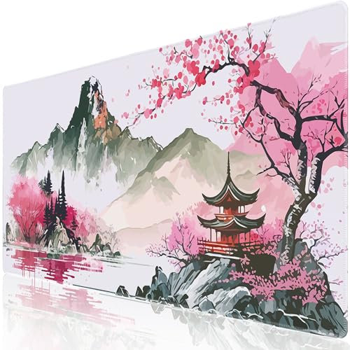 Grand tapis de souris de jeu à l'aquarelle en fleurs de cerisier japonais rose Sakura pour bureau, grand tapis de bureau antidérapant avec bords cousus pour la maison, le bureau, les jeux d'étude, 80