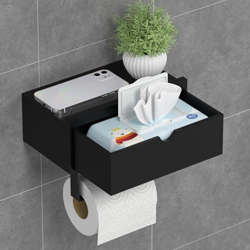 EXABANG Toilettenpapierhalter Ohne Bohren, Klopapierhalter mit Feuchttücherbox Klorollenhalter mit Ablage Bambus Papier Halterung für WC Badezimmer, Selbstklebend or Bohren Schwarz