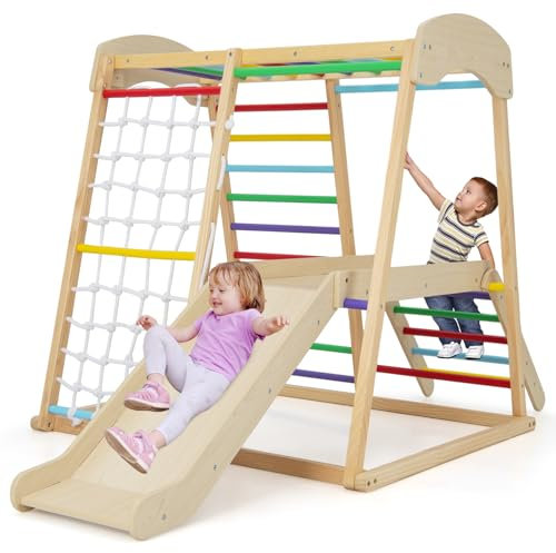 DREAMADE 6 en 1 Jeu d'escalade Intérieur, Aire de Jeu en Bois avec Portique, Toboggan, Corde et Échelles, Jeu Montessori avec Ancrages Métalliques pour 1 an+ (Multicolore)