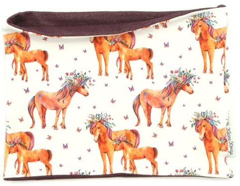 Kleine Könige Loop Schal Kinder Mädchen bis 10 Jahre · Modell Pferd Ponyhof weiß, jeansj. aubergine · Ökotex 100 zertifiziert · Made in Germany