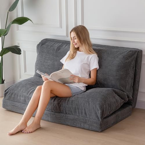 MAXYOYO Sitzsack-Bett, faltbar, Cord-Schlafsofa, Bodenmatratze für Erwachsene, extra dick, 4-Fach gefaltet, Bodencouch für Schlafzimmer, Wohnzimmer, Anthrazitgrau, 135 x 240 cm