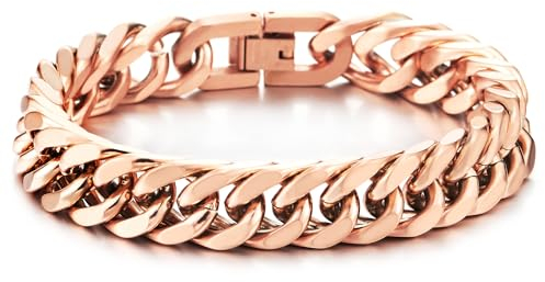 COOLSTEELANDBEYOND Homme Acier Inoxydable Cubaine Chaîne Gourmette Chaîne Bracelet - Or Rose - Satiné