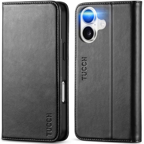 TUCCH Case for iPhone 16 (6.1) 2024 5G, PU Leather Foldable Case with[RFID Blocking][Card Holder][Shockproof TPU][Kickstand], Protective Wallet Flip Stand Folio Compatible with iPhone 16 Black
