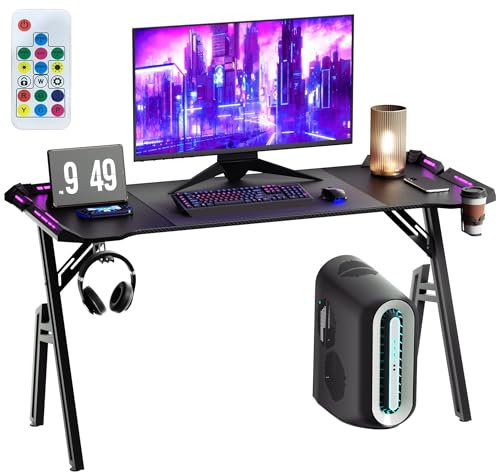Aufun Bureau de Gaming avec LED - Bureau PC Stable avec Revêtement en Fibre de Carbone - Table de Jeu Ergonomique avec Crochet - Noir - 140 x 60 cm