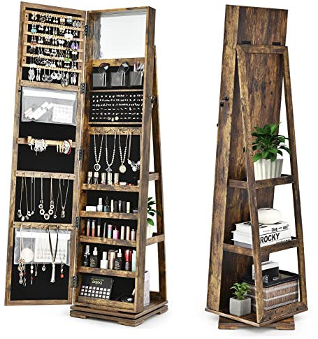 HOMASIS Schmuckschrank mit Spiegel & Leiterregal, 360°drehbarer Schmuckregal mit großem Stauraum aus Holz, abschließbarer Spiegelschrank mit Kettenhaken & Ringverschluss, 38 x 38 x 161 cm (Brown)