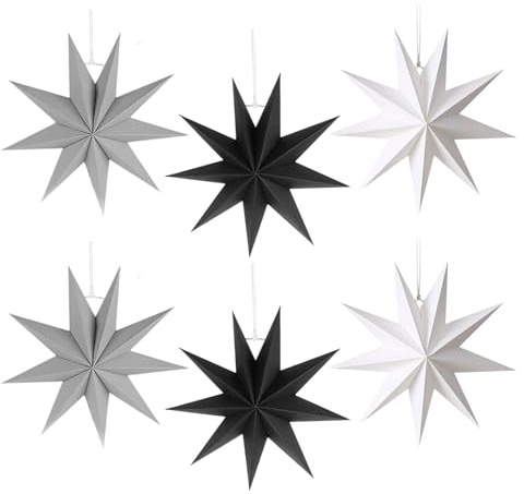 CYIOU 6 Stück Faltsterne Weihnachten 30 cm Weihnachtssterne Deko Papiersterne 9 Zacken Weihnachtssterne Papiersterne zum Aufhängen für Weihnachtsdeko Hochzeit Fensterdekoration (Schwarz/Grau/Weiß)