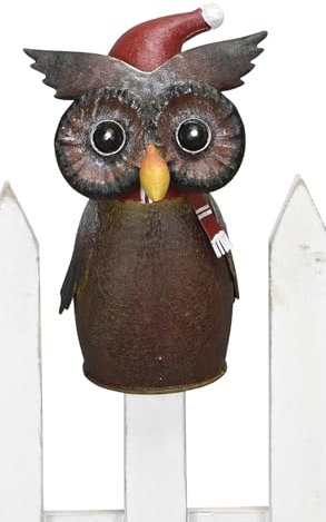 lustiger winterlicher Zaunhocker als Katze Maus Eule und Rabe mit Nikolausmütze und weiß-rotem Schal aus Metall in rostoptik Verschiedene Motive zur Auswahl (Eule)