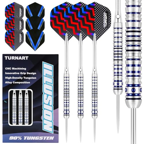 Turnart Dartpfeile Metallspitze 90% Tungsten 3 Stück 22,24,26 Gramm Professionelles Wolfram-Steeltip-Dart-Set Dart professionelle Stahlpfeile mit Metallspitzen mit Flights, Schäften (Blau, 24G)