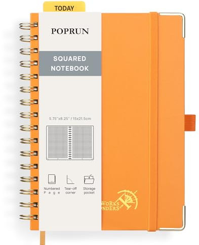 POPRUN Notizbuch A5 Kariert, Block Kariert Journal, Spiral-Notizbücher 120 GSM Papier, 141 nummerierte Seiten, Hardcover mit Kleberegisterkarten und 8 Abreißblättern - OR(Orange)