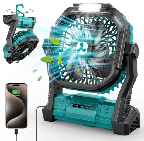 PDBEST Ventilateur à batterie sans fil, ventilateur de voiture portable rechargeable avec lanterne LED, ventilateur de table à batterie avec port Type-C Vert