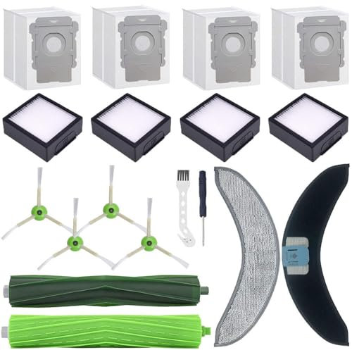 Chrostion Replacement Parts for iRobot Roomba Combo j9+,Combo j7+/Plus Robot Vacuum Cleaner,1 Rubber Brush+2 Mop Pads+4 HEPA Filters &Side Brushes &Dust Bags
