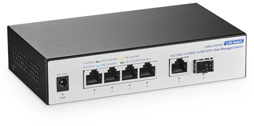 YuLinca 10G Web Managed Switch, 4x2.5G RJ45 + 10G RJ45 + 10G SFP Ports, LACP/VLAN/QoS, Fanless Metal, per NAS/Gaming/8K Streaming