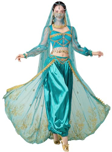yrsZX Jasmin-Kostüm für Damen, arabische Prinzessin, Feen-Outfit, Halloween, Cosplay, Bauchtanz-Kostüm