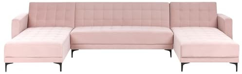 Canapé d'Angle Modulable Forme de U Convertible en Lit avec 2 Chaises Longues Capitonné Velours Rose Pastel Aberdeen
