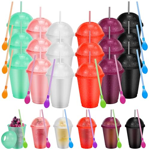 24 Pcs Plastic Smoothie Cups with Dome Lids and Straws, 480 ml Reusable Iced Coffee Cups Bulk with Detachable Spoon Straws, Colorful Milkshake Juice Tumbles for Birthdays Christmas Party Supplies