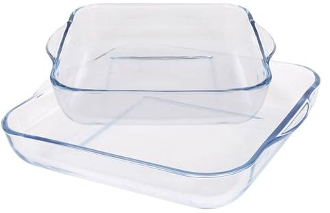 Argon Tableware Square Glass Oven Dish Set - 2 Sizes - 2pc Deep Baking Casserole Lasagne Roasting Roaster Cooking Tray Bowl | Microwave Safe, Freezer Safe