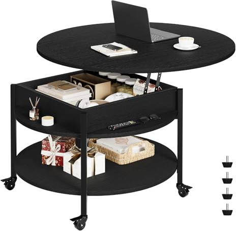 Mossora Round Lift Top Coffee Table with Wheels, Circle Center Table with Storage and Compartment, 68 cm Rolling Coffee Tables for Living Room, 2 Tier Small Coffeetable Circle Dining Table, Black