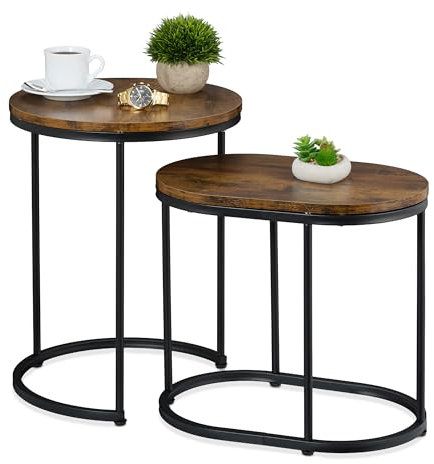 Relaxdays Satztisch 2er Set, oval & rund, Holzoptik, Metall, Wohnzimmer, Industrial Design, Beistelltisch, braun/schwarz