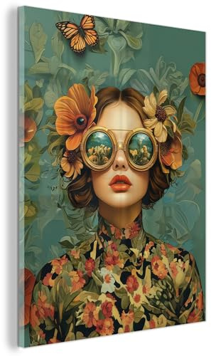 MuchoWow© Wandbilder Glas Schlafzimmer Home Deko Wohnung Bild Wohnzimmer | 60x80 cm - Wand Glasbilder Leinwand Wall Decor Frau - Blumen - Schmetterlinge - Natur - Vintage