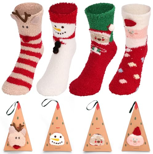 Zidoley Weihnachtssocken für Damen und Kinder, 4 Paar, Kuschelsocken mit Rentier und Schneemann Motiv, Größe 35-42 (DE/NL/SE/PL, Alphanumerisch, Einheitsgröße, Regular, Regular, Damen 35-42)