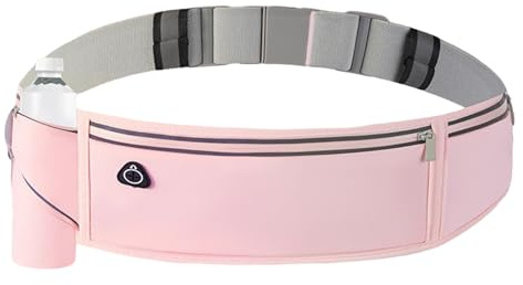fKiZanthene Running Belt Bum Bag, Water-Resistant Reflective Waist Bag with Bottle Holder, Fits 7.5 Phone for Running Hiking Cycling (Pink)