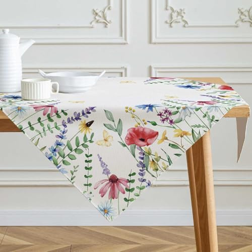 Kiatuniya Tischdecke Frühling Blumen Rosa Rot Mitteldecke Aquarell Bunt Modern Klein Outdoor Sommer Waschbar Floral Esstisch Dekoration Tischwäsche für Küche Drinnen Party Tischdeko 85x85 cm