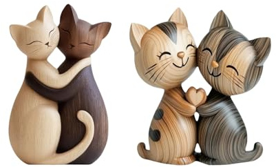 Rainway 2 Stück Holzskulptur Eines Katzenpaars, 2D-Flache Schreibtischdekoration, Holz Katzen Deko, Dekoration für Zuhause und Büro, Personalisierte Geburtstag Weihnachten Geschenk für Katzenliebhaber