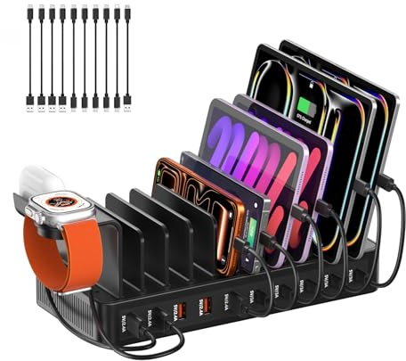 Estación de Carga para múltiples Dispositivos de 100 W Cargador de 10 Puertos USB C+USB A Soporte de Escritorio para teléfonos y tabletas Compatible con iPhone 16/15, Galaxy S23, iPad, tabletas y más