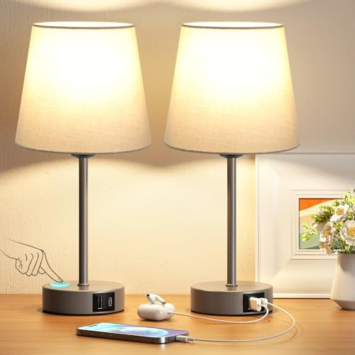 PreeOtti Nachttischlampe Touch Dimmbar 2er Set, Tischlampe mit Ladefunktion USB A+C-Anschlüssen 2 LED Birnen, Graue Lampenschirm, Kleine Lampe für Schlafzimmer Wohnzimmer Babyzimmer Büro
