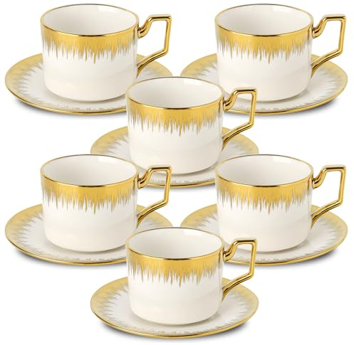 Ceramic Coffee Cups Set of 6-8.5 oz Stackable White Cups with Gold Trim and Saucer for Turkish Coffee