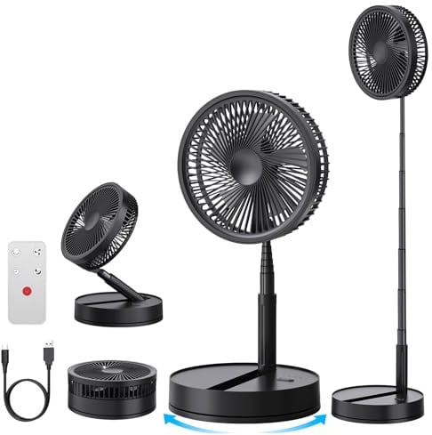 Ventilatore Silenzioso Portatile Piantana/Tavolo, 8.6 8000mAh Batteria USB Ricaricabile con Telecomando, 4 Modalità/Timer/Oscillante Mini Ventilatori, Piehevole per Camera Campeggio Viaggi (Nero)